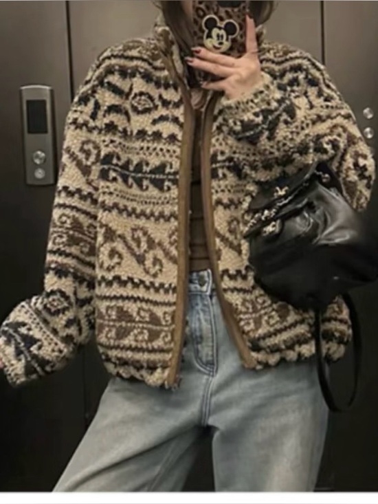 Jackets & Blazers - Cozy Patterned Sherpa Jacket in Brown & Cream